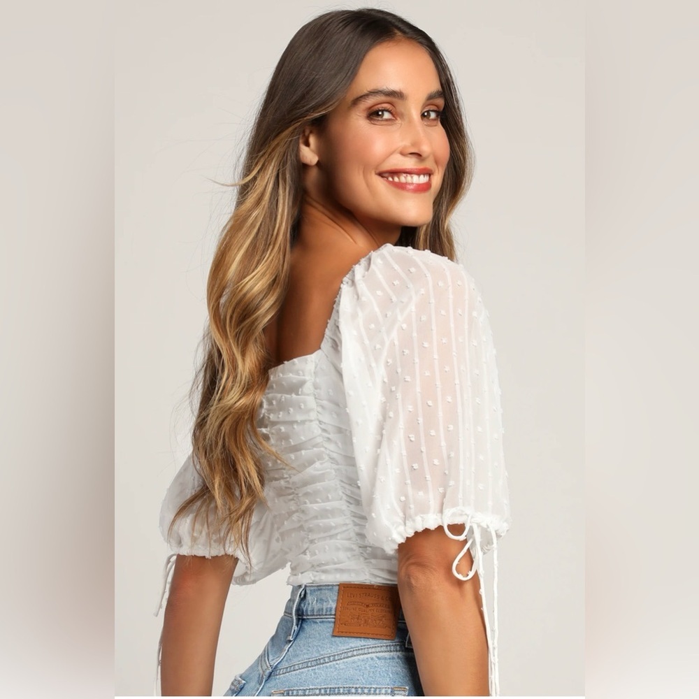 Lulus White Puff Sleeve Swiss Dot Bodysuit